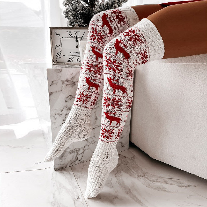 Festive Elk & Snowflake Knitted Over-the-Knee Christmas Socks for Women