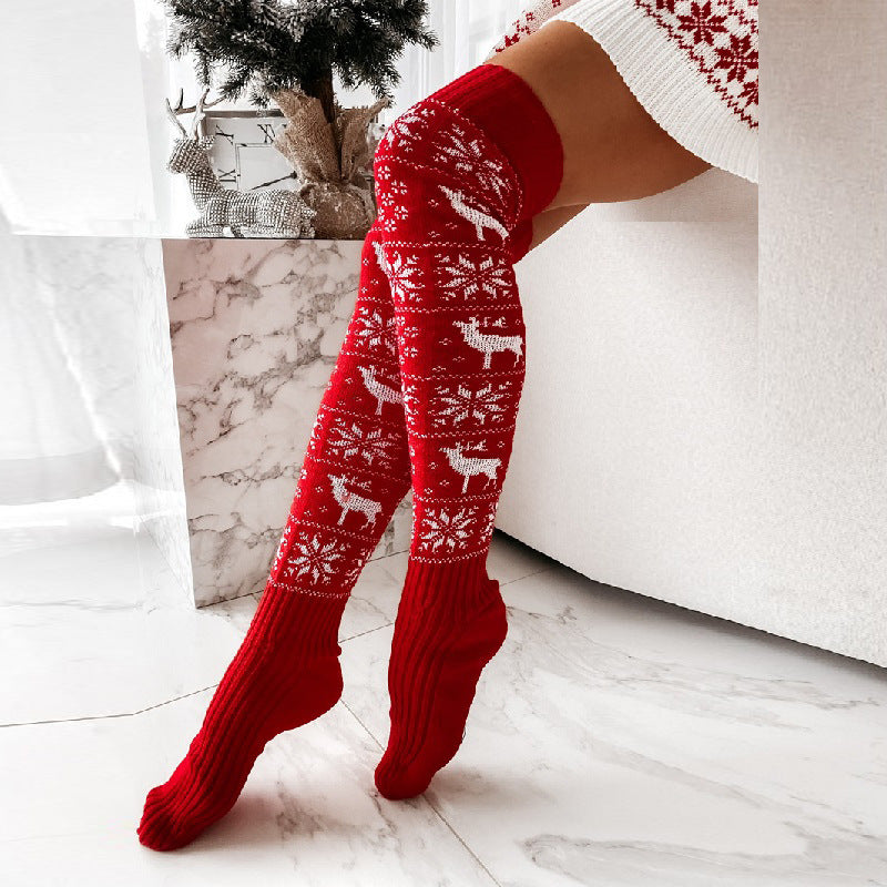 Festive Elk & Snowflake Knitted Over-the-Knee Christmas Socks for Women