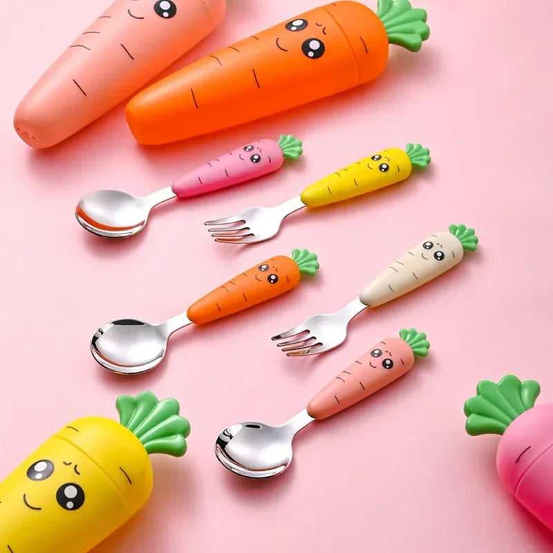 Cute Cartoon 3PC Baby Cutlery Set: Stainless Steel Fork & Spoon