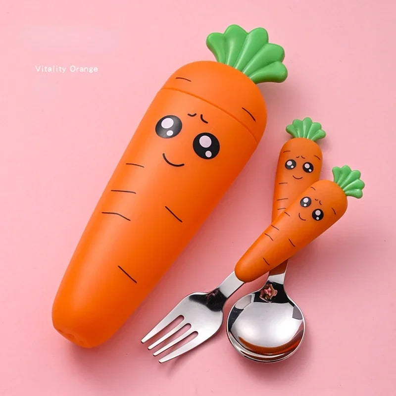 Cute Cartoon 3PC Baby Cutlery Set: Stainless Steel Fork & Spoon